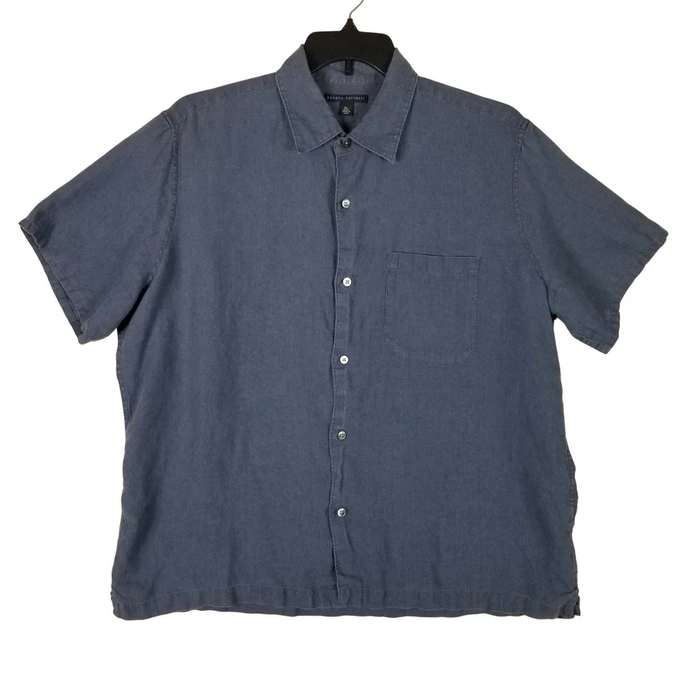 Banana Republic Linen Shirt Mens XL Blue Short Sleeve Button Down Casual 158s